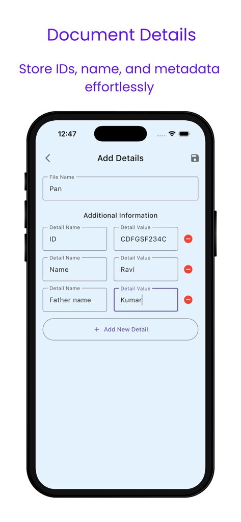 Interface of DocVault app showing the Add Details screen where users can enter custom document metadata like ID numbers and names