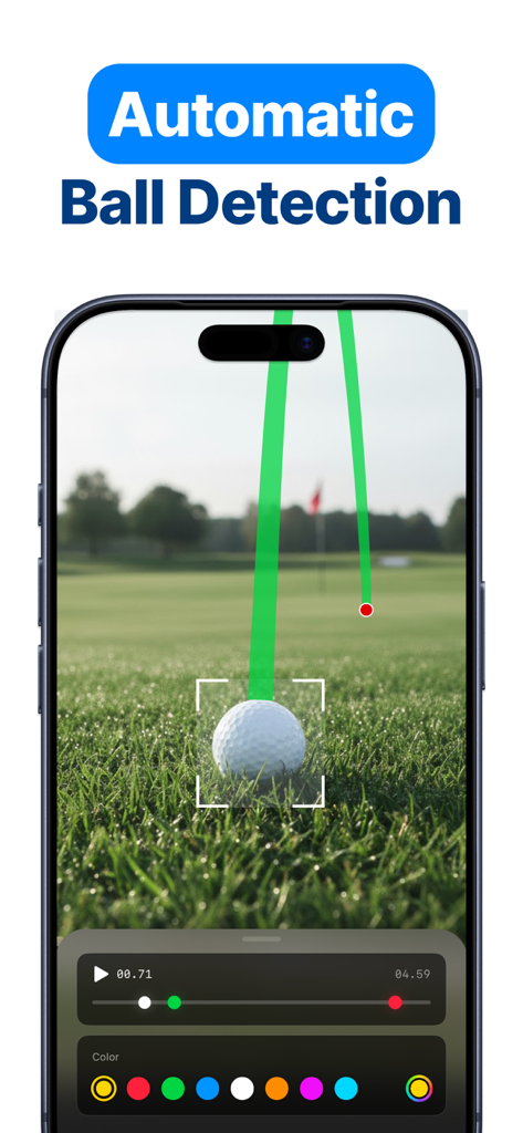 Mobile app interface showing automatic golf ball detection with a green tracer line on a golf course