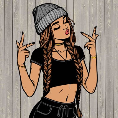 realistic teenage girl with braids and a beanie and crop top doing 🫶🏼