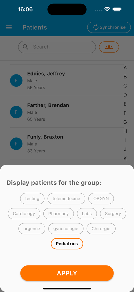 PocketPatientMD - PocketPatientMD app interface displaying a patient list with a filter overlay for medical specialties including Pediatrics and Cardiology.