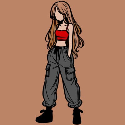 girl in baggy pants crop top and long hair