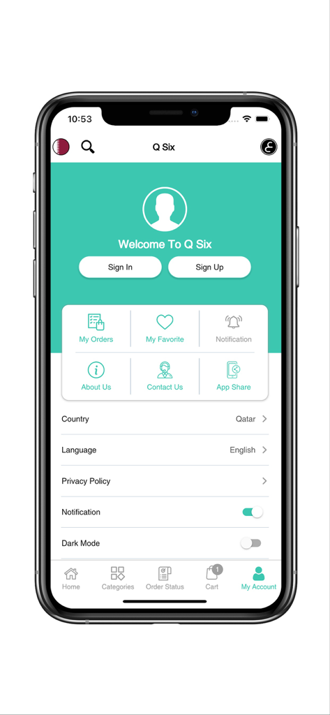L'écran de compte et de paramètres de l'application d'achat Q Six Qatar montrant les options de connexion et les préférences utilisateur.