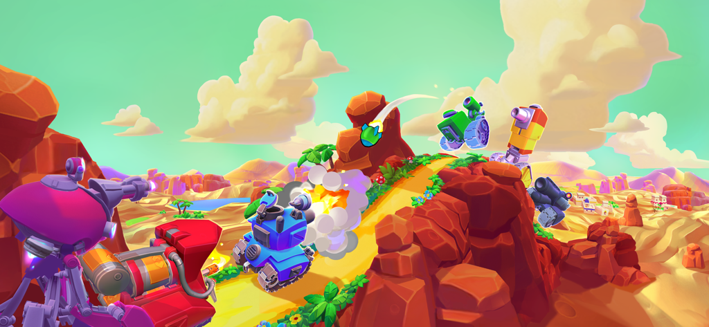 Hills of Steel 2 - Colorful cartoon tanks engaging in a physics-based 3v3 battle on desert hills.