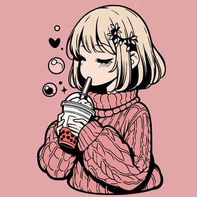 manga girl drinking boba in cozy sweater