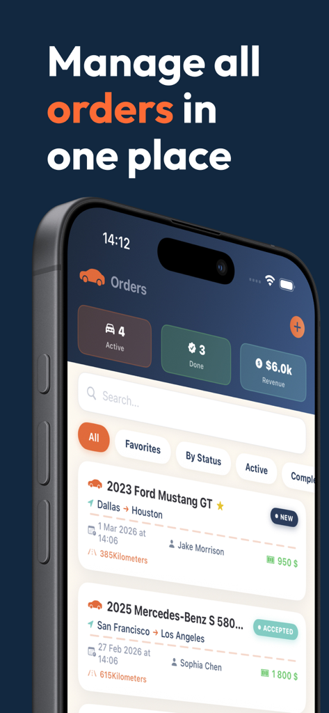 Drive Transit - Dashboard der Drive Transit App, das Fahrzeugtransportaufträge und Einnahmen anzeigt
