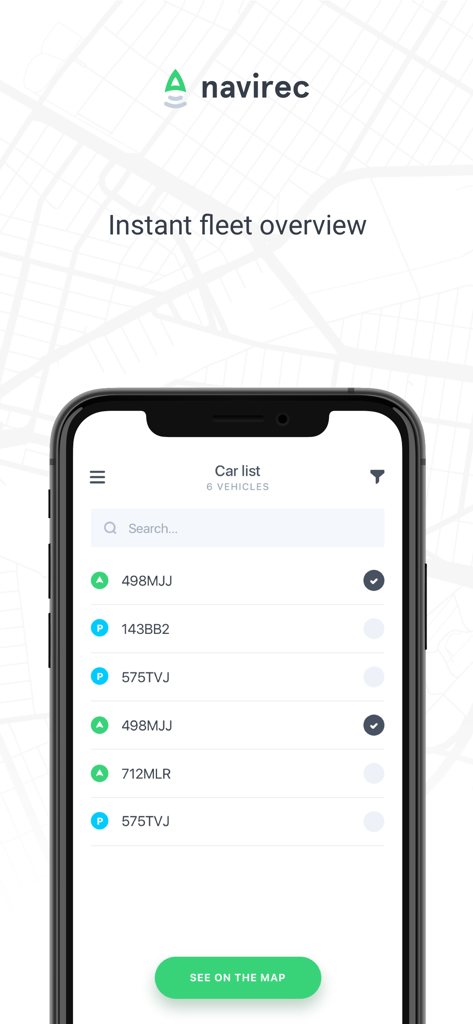 Navirec - Navirec mobile app interface displaying a list of fleet vehicles for tracking.