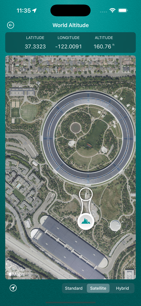 Satellite map view in My Altitude showing latitude longitude and elevation coordinates