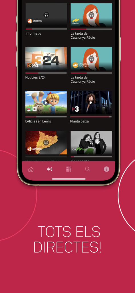 Pantalla de la app 3Cat mostrando emisiones de televisión y radio en directo en catalán