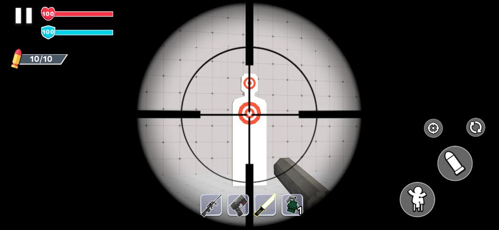 A first person view through a sniper scope aiming at a pixelated target in Blocky Shooter FPS Gun