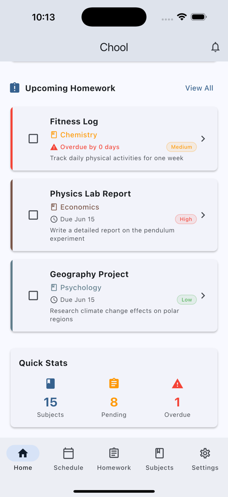 Chool - School Timetable - The Chool app home screen displaying upcoming school homework assignments and academic statistics.