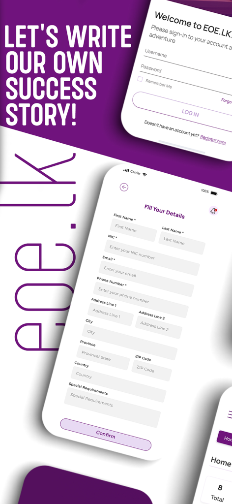 eoe.lk - Everest Online Education app registration and login interface screens
