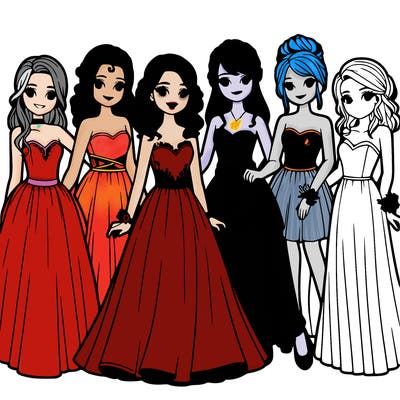 group of teenage girls in prom dresses