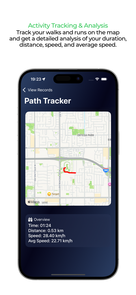 Cuspart path tracker interface showing a map route with distance and speed metrics