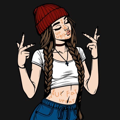 realistic teenage girl with braids and a beanie and crop top doing 🫶🏼