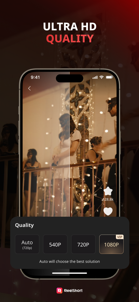 ReelShort - Stream Drama & TV - La interfaz de la aplicación móvil ReelShort muestra configuraciones de resolución de video con opción Ultra HD 1080p