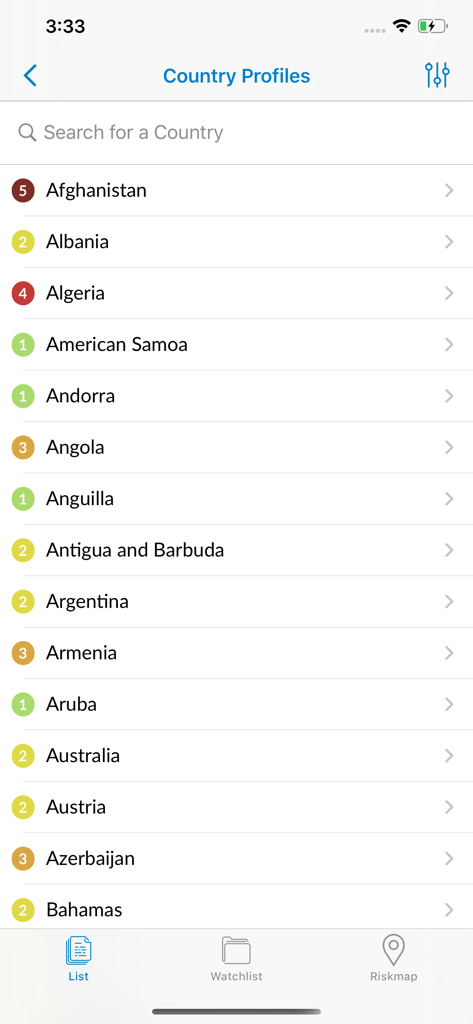 List of country security risk levels in the Safe Travel by Cigna mobile app