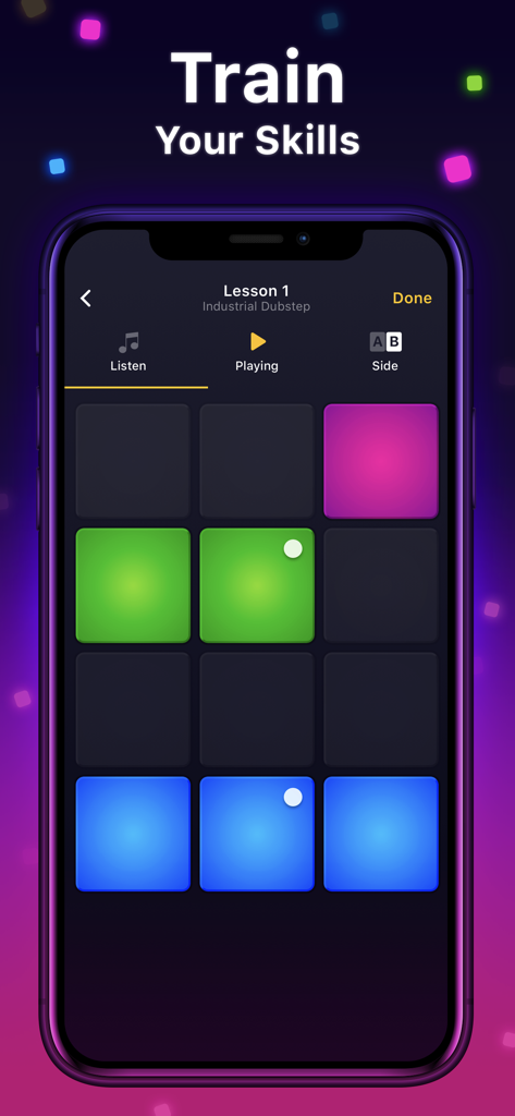 Drum Pad Machine app interface showing a music production lesson with colorful pads