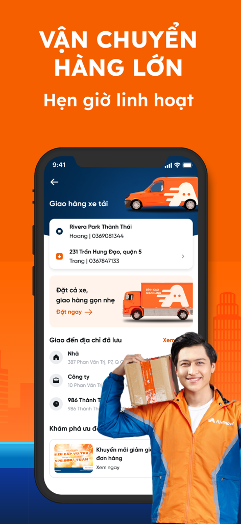 Ahamove App-Oberfläche zur Buchung von LKW-Lieferungen von großen Gegenständen mit einem Zusteller, der ein Paket hält