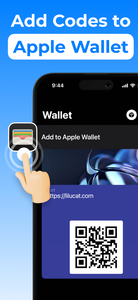 A hand tapping a button to add a generated QR code to the Apple Wallet within the QR Scanner app interface