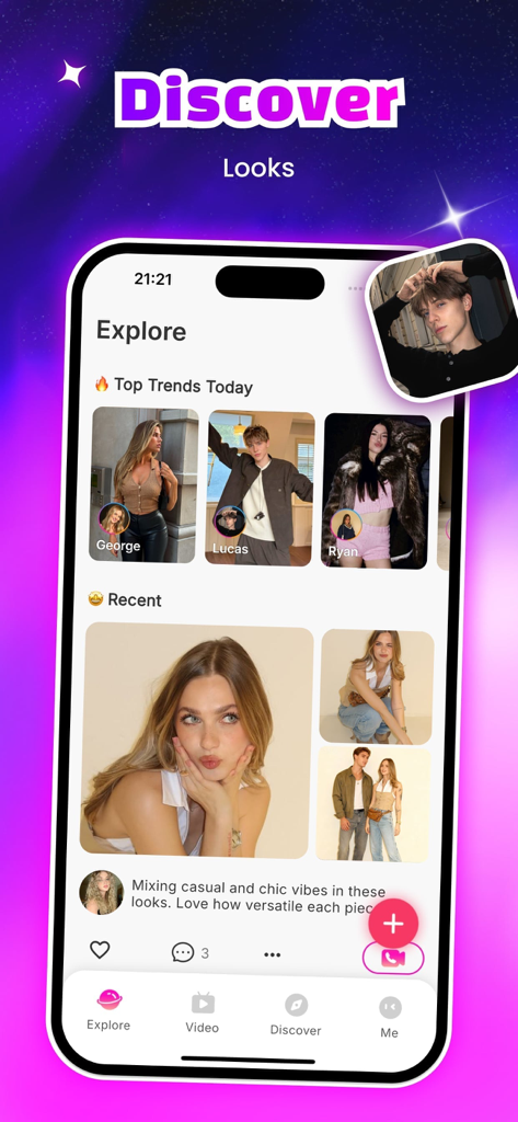 Fufi – Fashion, Video, Share - Fufi app explore interface showcasing top daily fashion trends and user outfit posts
