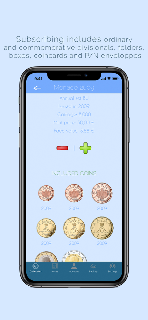 Euro Coins Album - Euro Coins Album app screen showing collection details for the Monaco 2009 coin set