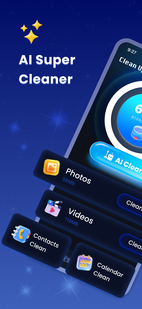AI Super Cleaner app interface showing options to clean photos videos contacts and calendar