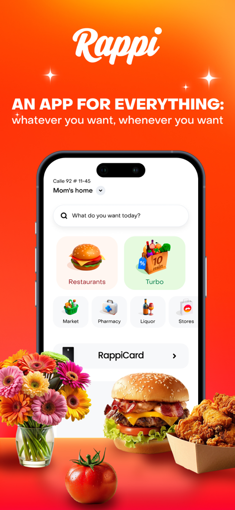 Rappi - Deliveries in Minutes - Rappi mobile app interface showing delivery services for restaurants groceries and pharmacy