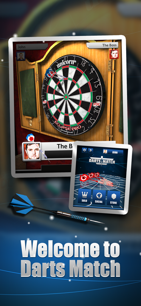 Darts Match - Pantalla de bienvenida del juego móvil Dardos Match con un tablero de dardos Unicorn realista e interfaz de juego