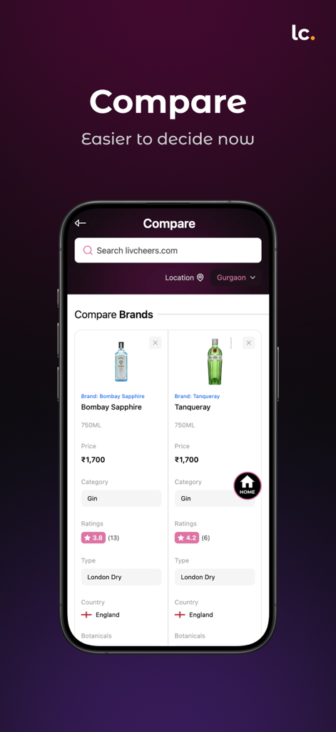 Livcheers - Alcohol Discovery - A side-by-side comparison of Bombay Sapphire and Tanqueray gin on the Livcheers app showing price ratings and product details