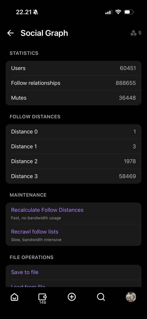 Iris – The Nostr client - Iris app social graph screen showing network statistics, follow distances, and data maintenance options in dark mode.