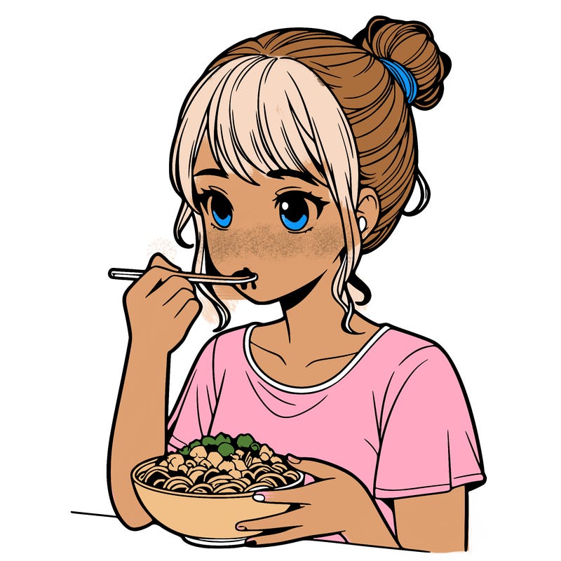 a realistic girl, eating food