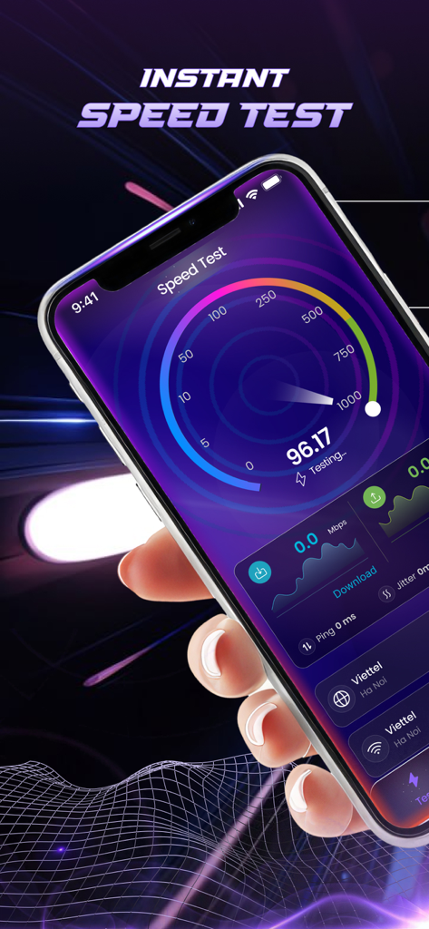 Internet Speed Test & Analyze - Mano che tiene uno smartphone che mostra la schermata del test istantaneo della velocità di internet