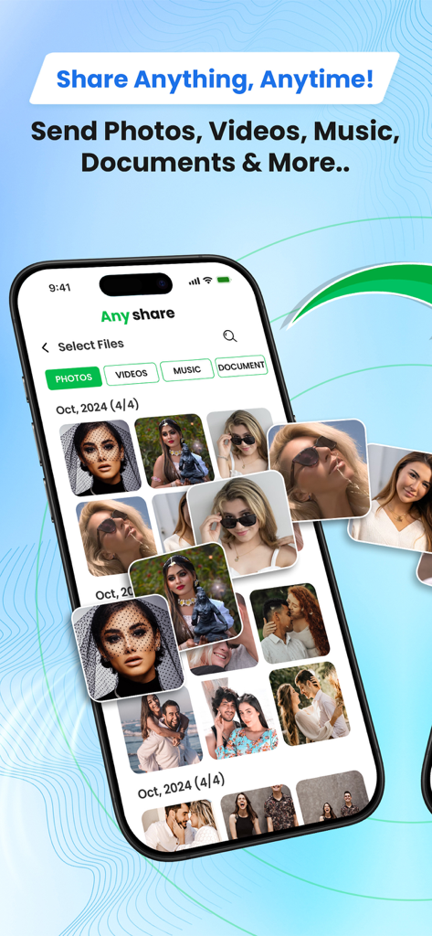 AnyShare app interface showing photo selection for cross-platform file sharing