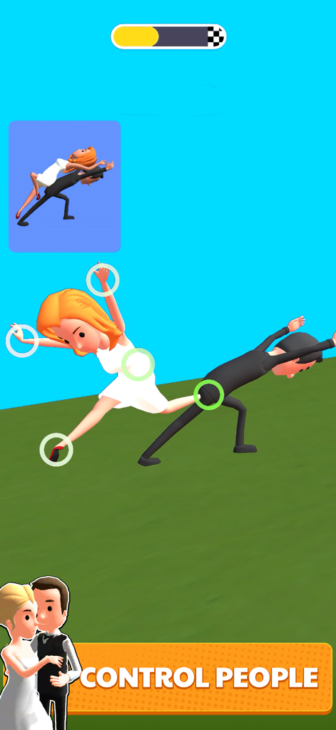 Move People - Captura de pantalla del juego Move People mostrando personajes siendo posados para coincidir con una imagen objetivo