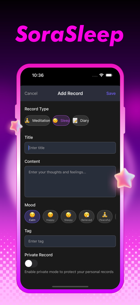 Screenshot of the SoraSleep app interface for recording sleep and meditation logs with mood selection