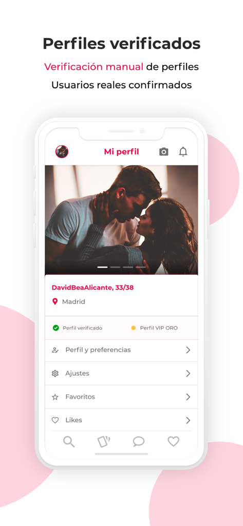 Mobile app screen showing a verified couple profile with options for preferences, settings, and favorites on the iSwinger platform.