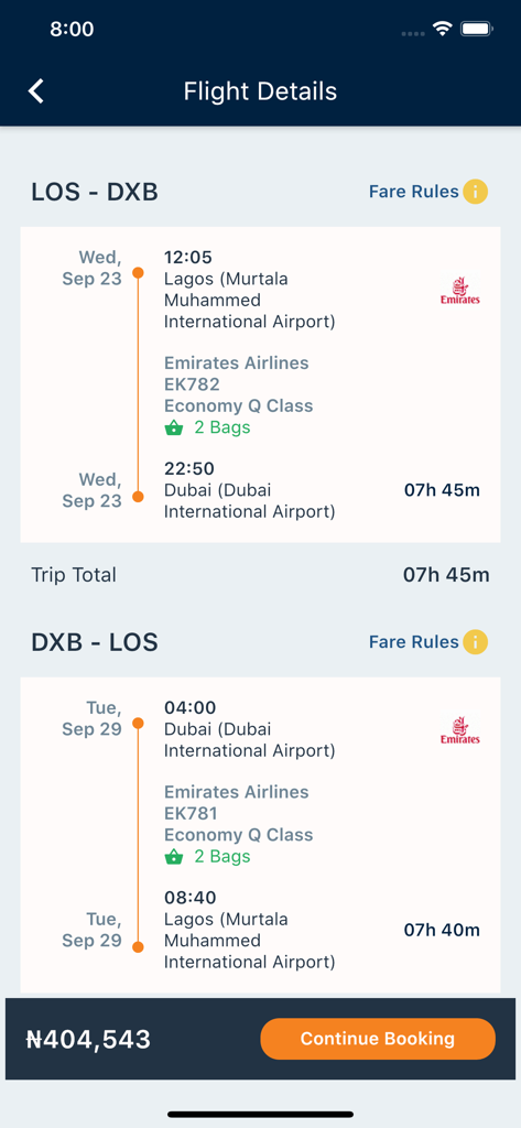 Wakanow Affiliates - Flight itinerary and pricing for Lagos to Dubai on the Wakanow Affiliates app