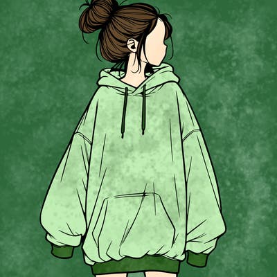 realistic girl with a oversized sweatshirt on and a bun