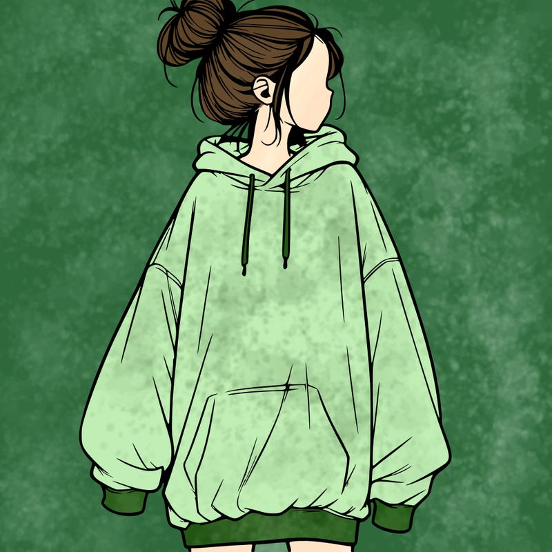 realistic girl with a oversized sweatshirt on and a bun