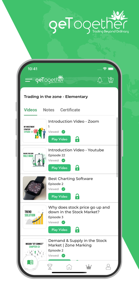 Interface do aplicativo GTF exibindo aulas em vídeo elementares de trading e cursos do mercado de ações.