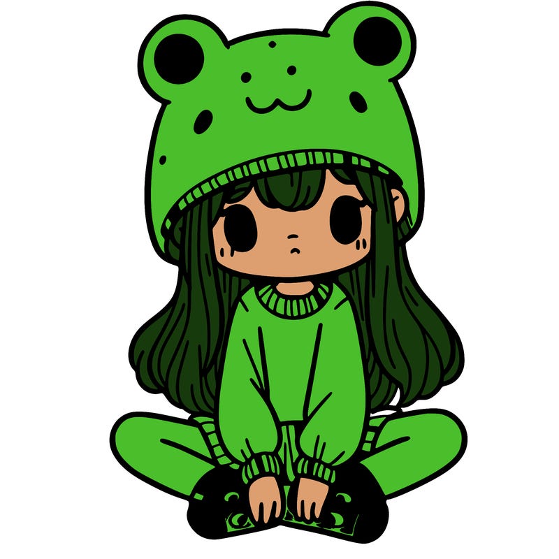 a girl wearing a frog hat and some frog socks
