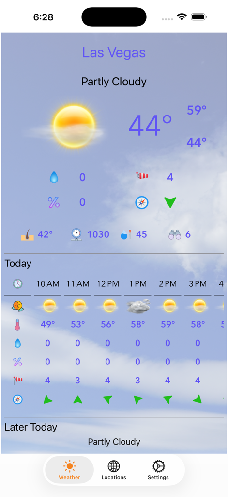 La pantalla de la aplicación Planet Weather que muestra la temperatura actual de 44 grados y el pronóstico meteorológico por hora para Las Vegas.