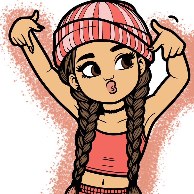 realistic teenage girl with braids and a beanie and crop top doing 🫶🏼