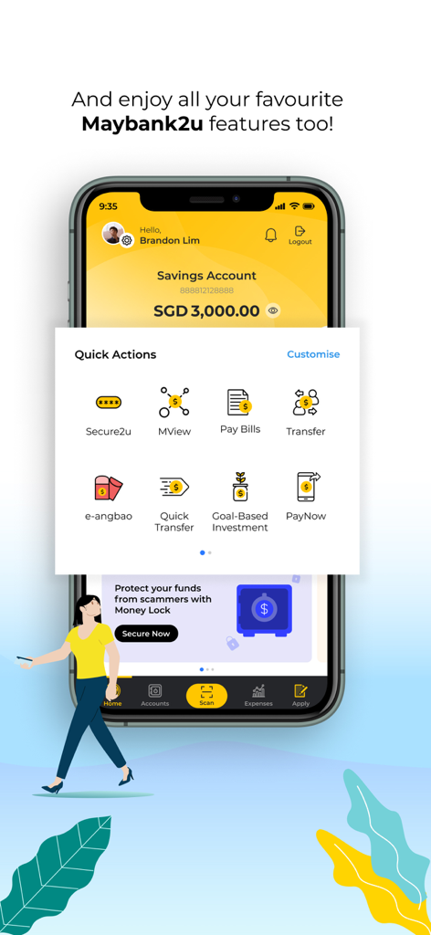Interfaz de la aplicación Maybank2u SG que muestra accesos directos de acciones rápidas para servicios de banca e inversión