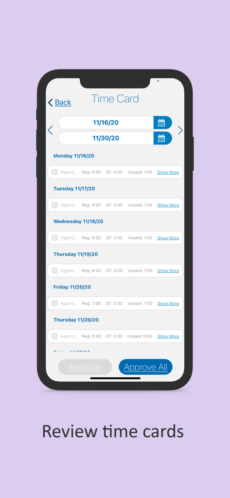 Vista Time Kiosk - Interface of the Vista Time Kiosk app displaying an employee time card with options to review and approve work hours