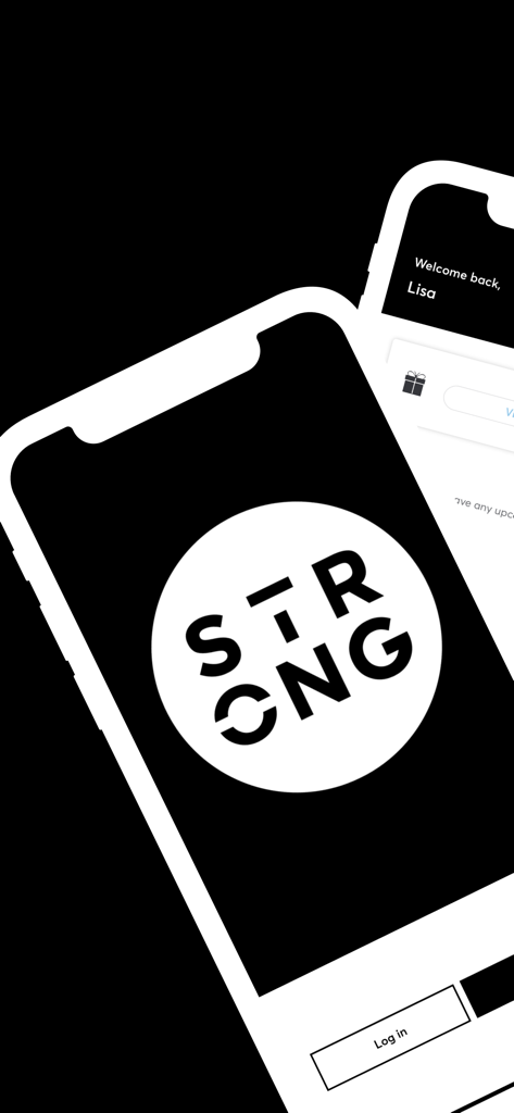 STRONG Pilates - A mobile phone displaying the STRONG Pilates app login screen with its circular logo.