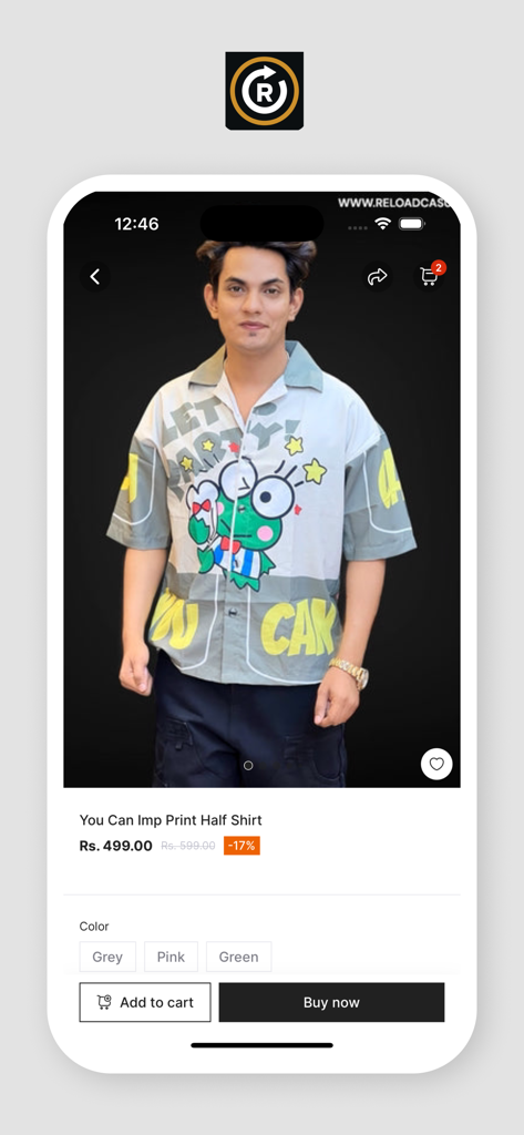 Reload Casual - The product detail view of the Reload Casual app featuring a graphic print short-sleeve shirt with options to add to cart or buy now.