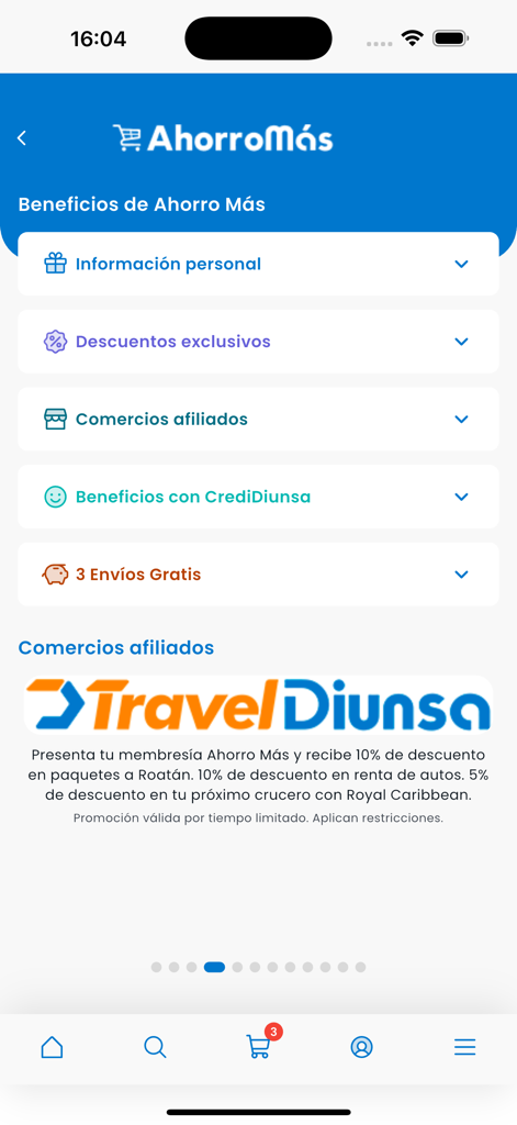 DIUNSA HN - Ahorro Mas loyalty program benefits screen in the Diunsa HN mobile app