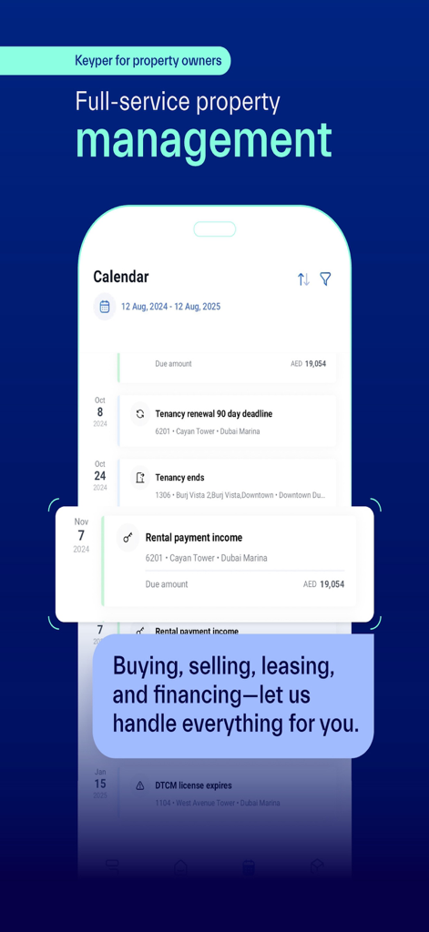 Keyper: Manage & Rent Property - Keyper app interface showing a property management calendar with rent income and tenancy renewal deadlines for landlords