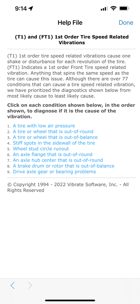 1次タイヤ速度関連の振動と診断手順の詳細を説明するNVHアプリのヘルプ画面